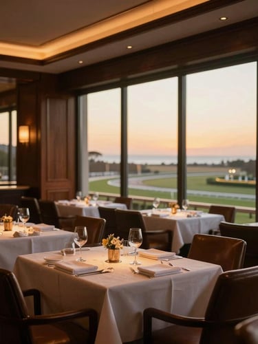 Elegant interior of a prestigious dining room with dark wood accents, leather chairs, and large glass windows overlooking a racetrack at sunset, warm golden-hour lighting.