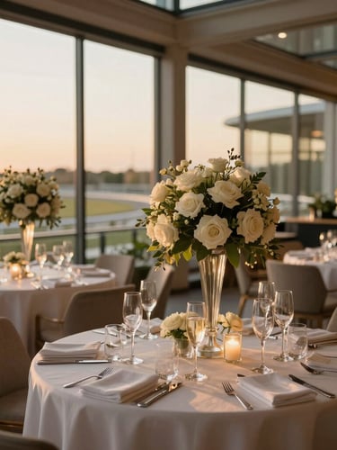 Elegant corporate cocktail reception in a modern glass lounge overlooking the racetrack, white floral arrangements, champagne flutes, warm twilight.