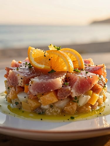 Close-up macro shot of a beautifully plated Mediterranean tuna tartare with citrus dressing, golden hour sunlight, 35mm.