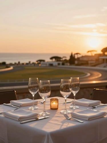 Elegant dining table at golden hour overlooking the racetrack, wine glasses, warm sunset light on the French Riviera, 35mm