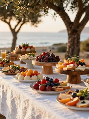 A beautifully arranged buffet table with delicate Mediterranean hors d'oeuvres, crisp white linen, and golden-hour sunlight filtering through olive trees