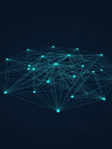 Flat 2D network diagram, clean geometric node schematics, technical blueprint styling with thin teal lines on a dark navy background.