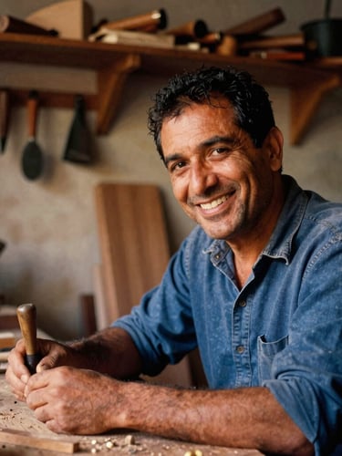 Close-up of a local artisan smiling in a warm, dimly lit workshop in Naples, surrounded by woodcraft and vintage tools, soft natural light, 35mm film aesthetic.