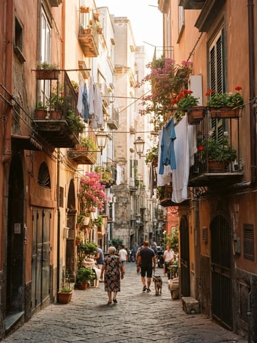Intimate eye-level shot of a sun-drenched narrow street in Chiaia, warm golden-hour sunlight casting soft shadows on historic terracotta walls, laundry hanging between balconies, 35mm film aesthetic.