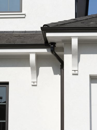 Crisp commercial photography of a modern residential home exterior under bright midday sun, clean gutters, sharp focus, 35mm lens