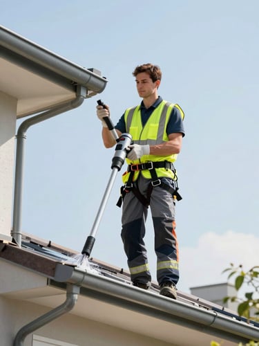 A professional gutter cleaning technician in a high-visibility safety vest and harness, standing next to a clean roofline under bright midday sun, holding specialized vacuum equipment, crisp commercial photography.