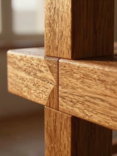 Extreme close-up of a hand-carved mortise and tenon joint in solid, oil-rubbed oak, showing deep tactile grain under low-angle golden hour light.