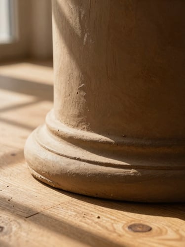 Close-up of a heavy, textured clay pedestal base resting on a rough-sawn timber floor, soft window shadows casting long lines across the surface.