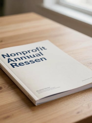 A flat lay of a printed nonprofit annual report on a minimalist warm oak table, soft window light, clean Swiss typography on the cover, shallow depth of field.