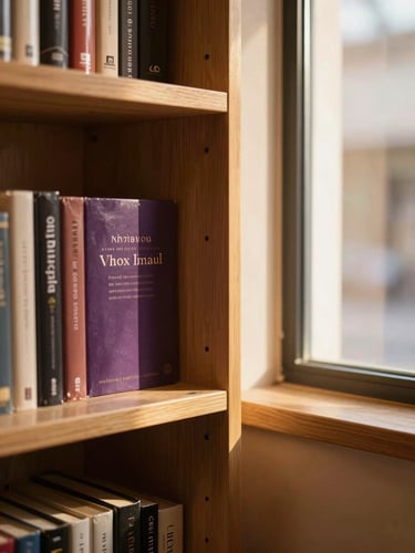 A warm sunlit corner of a physical bookstore with clean wooden bookshelves, soft golden-hour window light, shallow depth of field