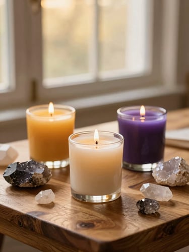Raw quartz crystals and hand-poured beeswax candles on an aromatic cedar table, soft golden-hour glow