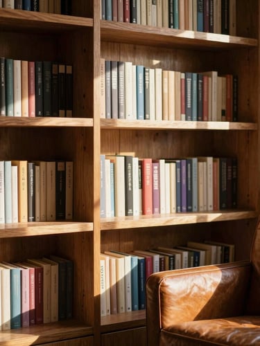 Warm environmental shot of clean wooden bookshelves filled with books, a comfortable leather armchair in a sunlit corner, soft directional window light with long shadows