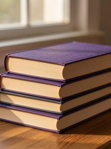 Macro shot of linen-bound books stacked on a clean wooden table, soft golden-hour window light, shallow depth of field