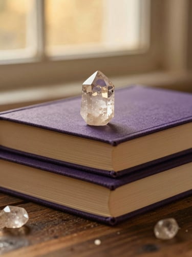 Close-up of stacked linen-bound books and raw quartz crystals on a rustic wooden table, soft golden-hour window light, warm amber tones, shallow depth of field