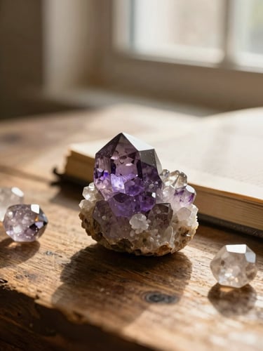 Close-up of raw quartz crystals and a linen-bound book resting on a rustic wooden table, soft window light, warm golden tones, shallow depth of field