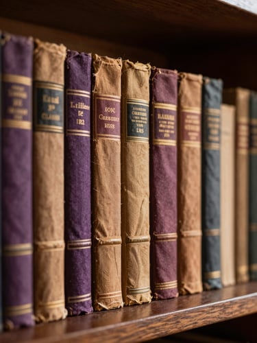 A close-up of worn spines of vintage linen-bound books on a dark wooden shelf, warm directional window light