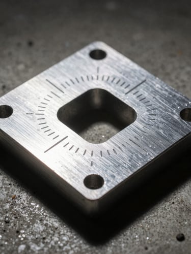 Extreme close-up of a milled aluminum layout square resting on raw concrete dust, hard dramatic side-lighting emphasizing laser-etched metric increments and metallic texture, deep shadows, 50mm lens
