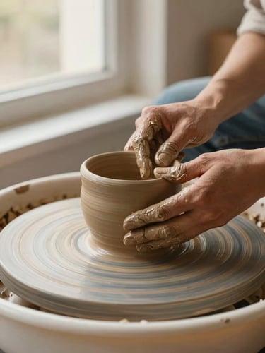 Close-up of warm clay-covered hands gently shaping a ceramic cup on a spinning wheel, warm morning window light, earthy terracotta tones, shallow depth of field.
