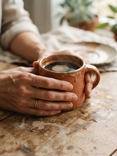 Close-up of hands holding a warm terracotta-glazed ceramic mug filled with coffee, soft morning window light, earthy clay splatters on a wooden table, shallow depth of field, 35mm
