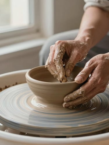 Close-up of a potter's hands shaping a wet terracotta clay bowl on a spinning wheel, water splattering, soft morning window light, warm earthy tones.