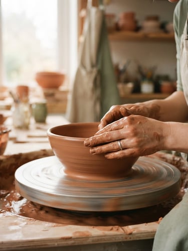 Close-up of a potter's hands shaping a terracotta clay bowl on a spinning wheel, soft morning light, warm earthy tones, shallow depth of field