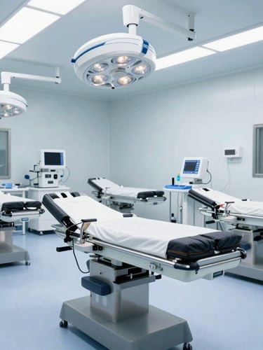 Wide shot of a modern, sterile surgical training lab with multiple dissection stations, bright cool clinical lighting, stainless steel equipment, sharp focus