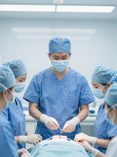 A focused orthopedic surgeon in surgical scrubs guiding a small group of doctors in a bright, modern clinical bioskills training lab, sterile blue and white tones.