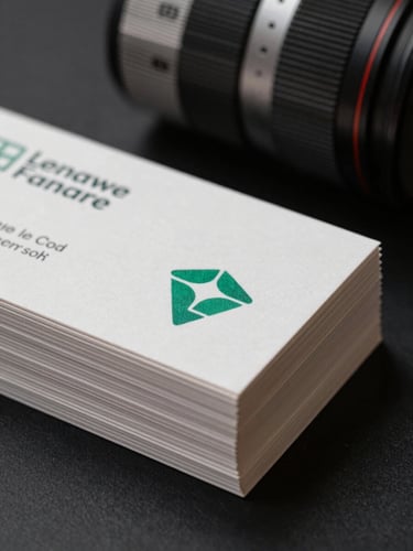 Close-up of a freshly printed stack of business cards fanned on a black surface, crisp edge detail under studio strobe light, emerald green ink visible on the top card, offset press mechanics blurred in the background