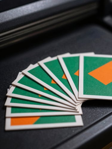 Close-up of a fresh print run: business cards fanned across a dark press bed, crisp offset ink edges catching studio strobe light from the upper left, deep black background, emerald green and orange accent colors visible on card designs