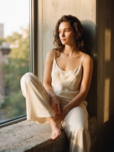 A medium-close portrait of a model in a draped silk lounge set, sitting gracefully on an architectural concrete ledge, warm golden-hour window light casting soft shadows across the warm cream fabric.