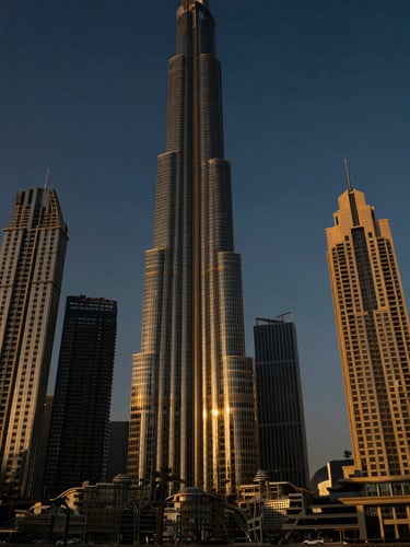 Ultra-wide shot of the Dubai skyline at golden hour, sharp architectural lines, deep shadows, sun reflecting off glass facades, from a low angle.