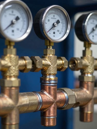 Macro technical detail of clean copper piping welds and brass manifold gauges in a well-lit commercial mechanical room, sharp directional work light, 35mm