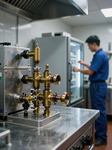Wide environmental shot of a commercial kitchen, natural ambient light, stainless steel surfaces, a technician making a precise adjustment to a refrigeration unit in the background, 35mm