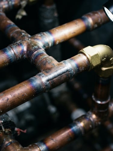 Close-up of copper piping welds, sharp directional work light, deep blue and brass tones, macro technical detail, 35mm