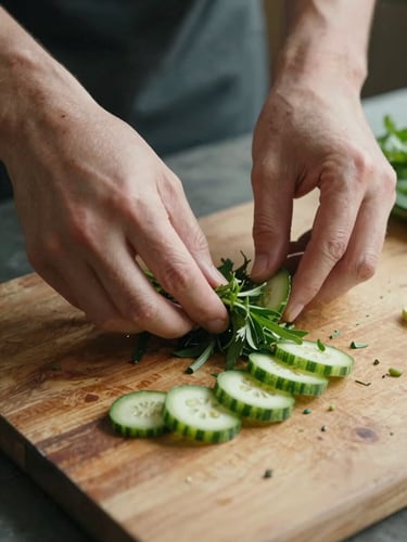 Close-up overhead of hands arranging fresh herbs and sliced vegetables on a worn wooden cutting board, north-facing daylight casting soft shadows, earthy textures visible