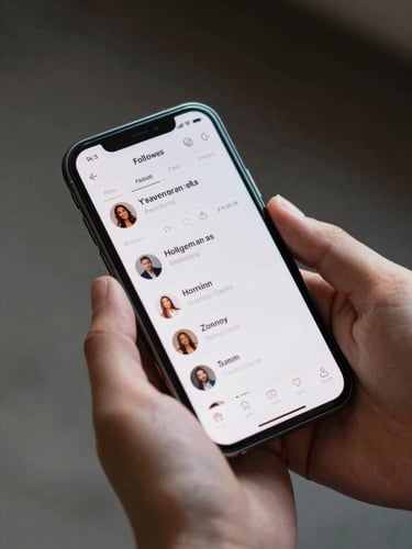 Close-up of hands holding a smartphone, screen showing a social media profile with follower count visible, bright even studio lighting, shallow depth of field on the screen, dark background