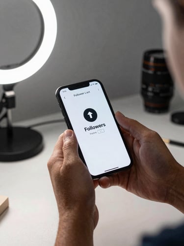 Close-up of hands holding a smartphone displaying a rising follower count notification, bright studio daylight from the left, creator's workspace visible in the background — cables, ring light base, minimal desk