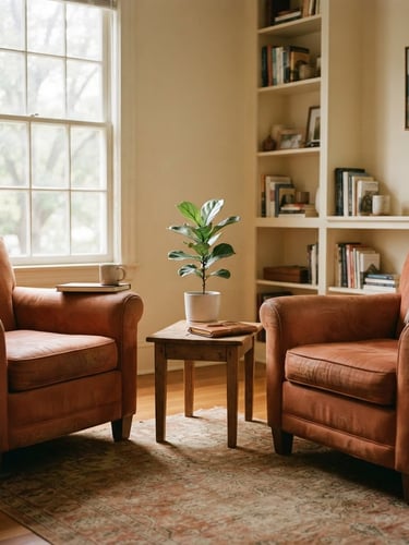 A quiet, sunlit counseling room with soft natural window light, comfortable warm-toned armchairs, a small potted green plant, and a calm, dignified atmosphere, medium format film style.
