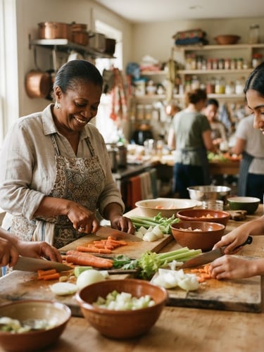 Warm documentary photograph of a sunlit community kitchen, hands preparing fresh vegetables together, soft natural window light, rich earthy tones, medium format film.