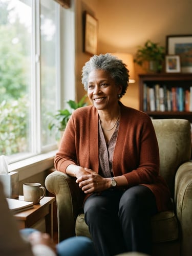 A warm, natural-light portrait of a supportive counselor sitting by a window, medium format photography, rich earthy tones, dignified and authentic