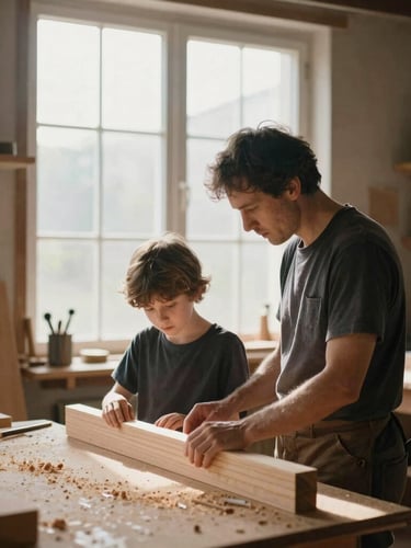 A quiet, sunlit woodshop where a mentor and student examine a joint, soft natural window light, rich earthy tones of sawdust and timber.