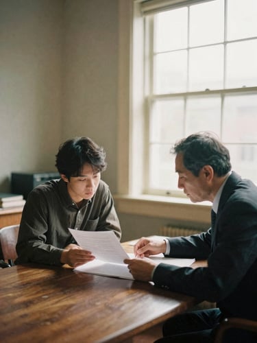 A quiet, warm-lit study room where an adult student and a mentor review documents together at a wooden table, soft natural window light, medium format film style