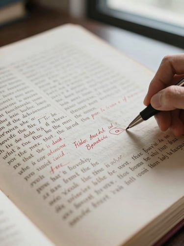 Close-up tight shot of a manuscript page with dense handwritten marginal annotations in red ink, a precise editorial hand visible at the right edge of the frame holding a pen, cool natural daylight from a window falling diagonally across the paper, paper texture and correction marks sharply in focus, no faces visible