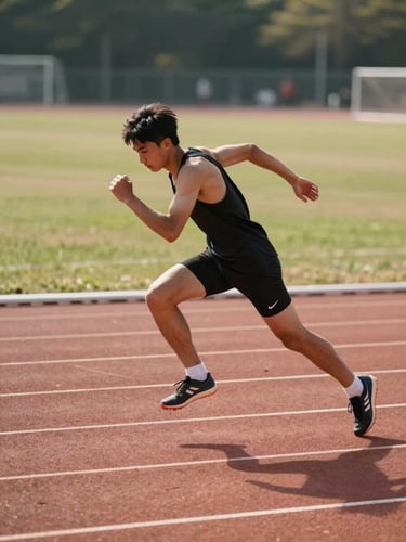 Wide side-angle frame of a young athlete mid-stride on an outdoor track, natural daylight raking across the lane from the left, face turned down in quiet concentration, form fully extended, real training environment visible in the background