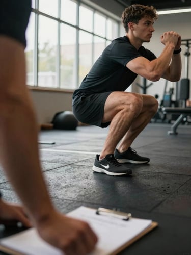 Close side-angle view of an athlete mid-squat in a real training gym, foot plant precise on rubber flooring, natural light from a row of high windows, coach's clipboard visible blurred in the foreground