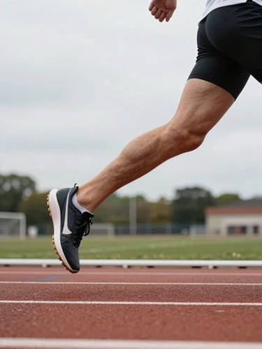 Wide side-angle view of an athlete mid-stride on a track, natural overcast daylight, feet and lower legs sharp in frame, motion blur in background, training environment visible at the edges