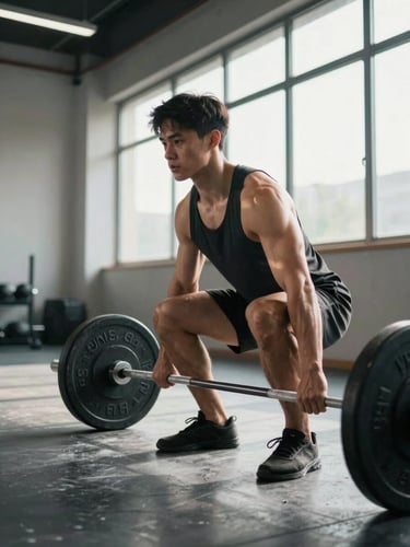 Close side-angle view of a competitive athlete mid-squat under a high window in a sparse training hall, natural daylight raking across their shoulders, eyes fixed downward in concentrated effort, hands gripping a barbell, the floor textured with chalk dust