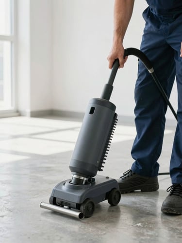 Close-up photograph of a professional cleaning crew member in a clean navy uniform operating an industrial extraction machine on a polished concrete floor, bright daylight flooding the space.