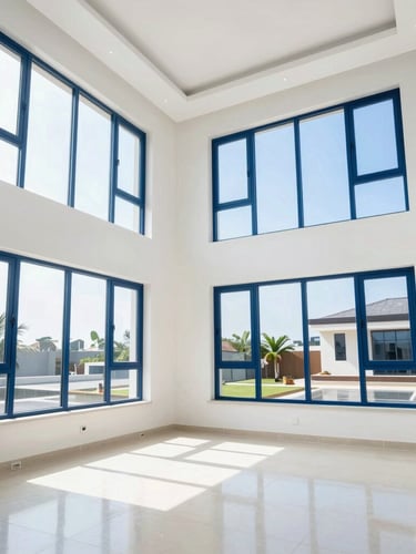 Bright interior photography of a newly built Lagos villa, crisp daylight flooding through tall windows, immaculate polished tiled floors, clean architectural lines