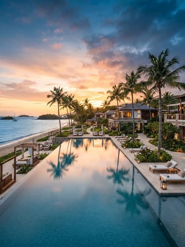 Wide panoramic view of a luxurious beachfront resort at golden hour, infinity pool reflecting the sky, palm trees swaying gently, no people visible, high-end editorial travel photography